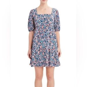 BCBG Floral Puff Sleeve Paris Chiffon Mini Dress Blue XL